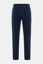 Front view of 04651/ A trip in a bag Corduroy Pants navy made from soft wide cotton corduroy with seersucker back, tapered fit, ankle length, and multiple pockets.