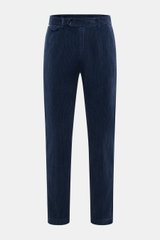 Front view of 04651/ A trip in a bag Corduroy Pants navy made from soft wide cotton corduroy with seersucker back, tapered fit, ankle length, and multiple pockets.