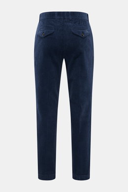 Rear view of 04651/ A trip in a bag Corduroy Pants navy made of soft wide cotton corduroy with buttoned flap back pockets and tapered fit.