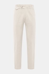 Front view of 04651/ A trip in a bag Corduroy Pants taupe, made from soft wide cotton corduroy with seersucker inside, tapered fit, ankle length, and multiple pockets.