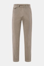 Front view of 04651/ A trip in a bag Corduroy Pants taupe, made from soft wide cotton corduroy with seersucker inside, tapered fit, ankle length, French and watch pockets with flaps, zipper and button closure, partially elastic waistband, back welt pocket