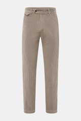 Front view of 04651/ A trip in a bag Corduroy Pants taupe, made from soft wide cotton corduroy with seersucker inside, tapered fit, ankle length, French and watch pockets with flaps, zipper and button closure, partially elastic waistband, back welt pocket