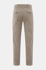 Rear view of 04651/ A trip in a bag Corduroy Pants taupe in soft cotton corduroy with buttoned flap back pockets and tapered fit.