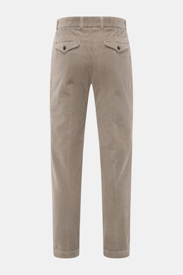 Rear view of 04651/ A trip in a bag Corduroy Pants taupe in soft cotton corduroy with buttoned flap back pockets and tapered fit.