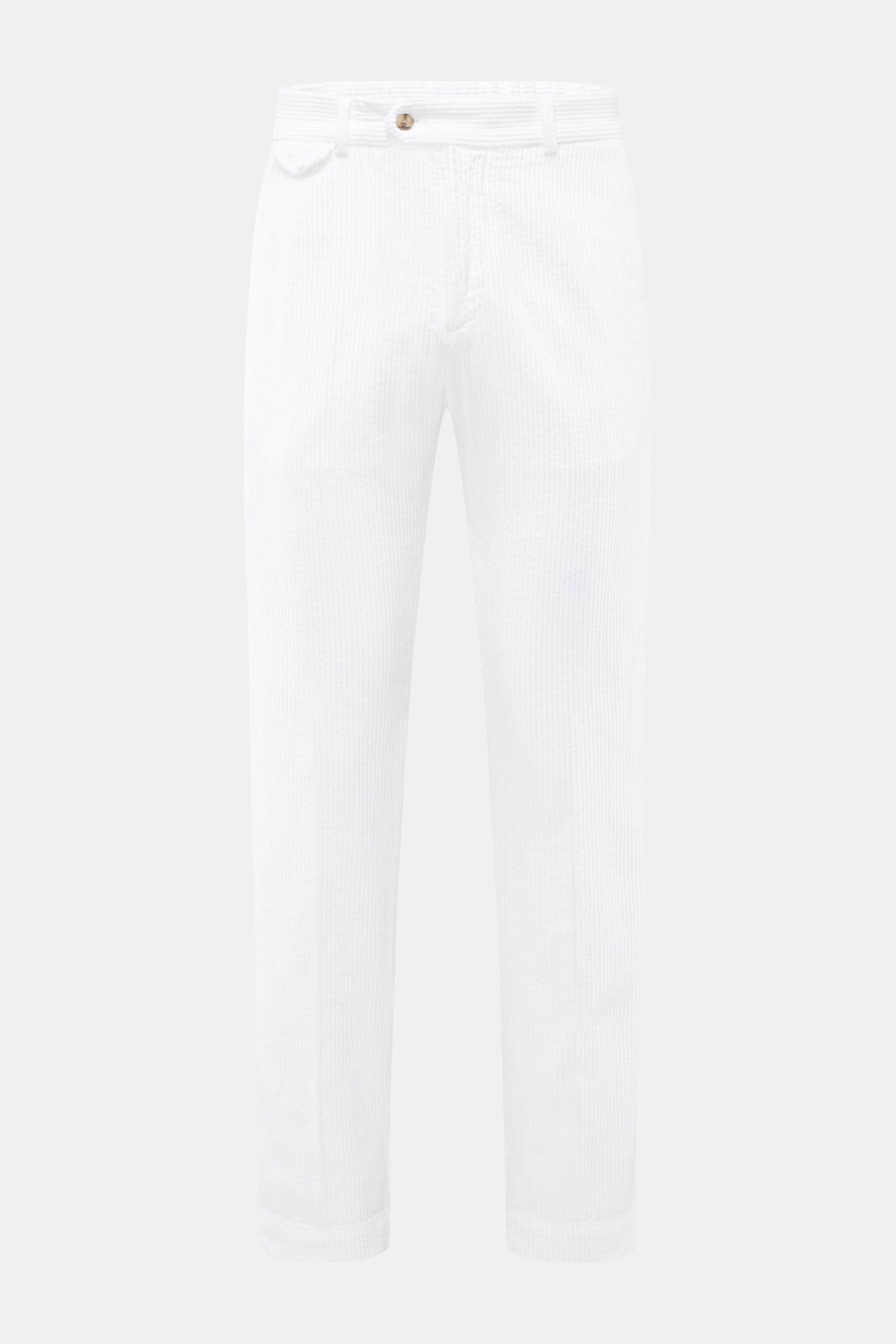 Weiß fotografierte 04651/ A trip in a bag Cordhose weiß aus Baumwoll-Cord mit Seersucker, tapered fit, Bundknopf, Taschen, schmal zulaufend.