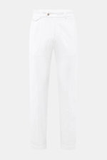 Front view of 04651/ A trip in a bag Corduroy Pants white, made from wide cotton corduroy with seersucker back, tapered fit, ankle length.