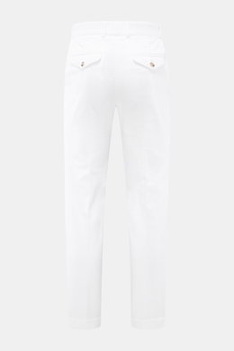 Rear view of 04651/ A trip in a bag Corduroy Pants white made from wide cotton corduroy with seersucker back, tapered fit, buttoned flap back pockets.