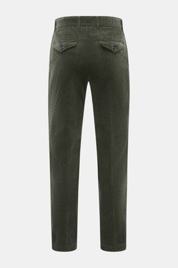 Rear view of 04651/ A trip in a bag Corduroy Pants dark green made from soft wide cotton corduroy with seersucker inside, tapered fit, ankle length, featuring French and back buttoned flap pockets.