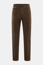 Front view of 04651/ A trip in a bag Corduroy Pants Dark Brown made from wide cotton corduroy with seersucker back, tapered fit, ankle length, soft touch.