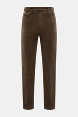 Front view of 04651/ A trip in a bag Corduroy Pants Dark Brown made from wide cotton corduroy with seersucker back, tapered fit, ankle length, soft touch.