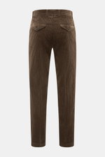 Rear view of 04651/ A trip in a bag Corduroy Pants Dark Brown, made from wide soft cotton corduroy with seersucker inside, tapered fit, ankle length, buttoned flap back pockets, and partially elastic waistband.