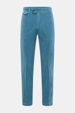 Front view of 04651/ A trip in a bag Corduroy Pants smoky blue in soft wide cotton corduroy with seersucker back, tapered fit, ankle length, and detailed pockets.