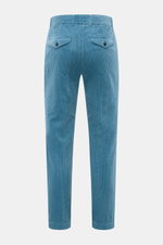 Rear view of 04651/ A trip in a bag Corduroy Pants smoky blue in soft wide cotton corduroy with tapered fit, buttoned back flaps, and seersucker inside.