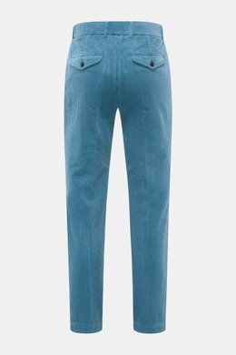 Rear view of 04651/ A trip in a bag Corduroy Pants smoky blue in soft wide cotton corduroy with tapered fit, buttoned back flaps, and seersucker inside.