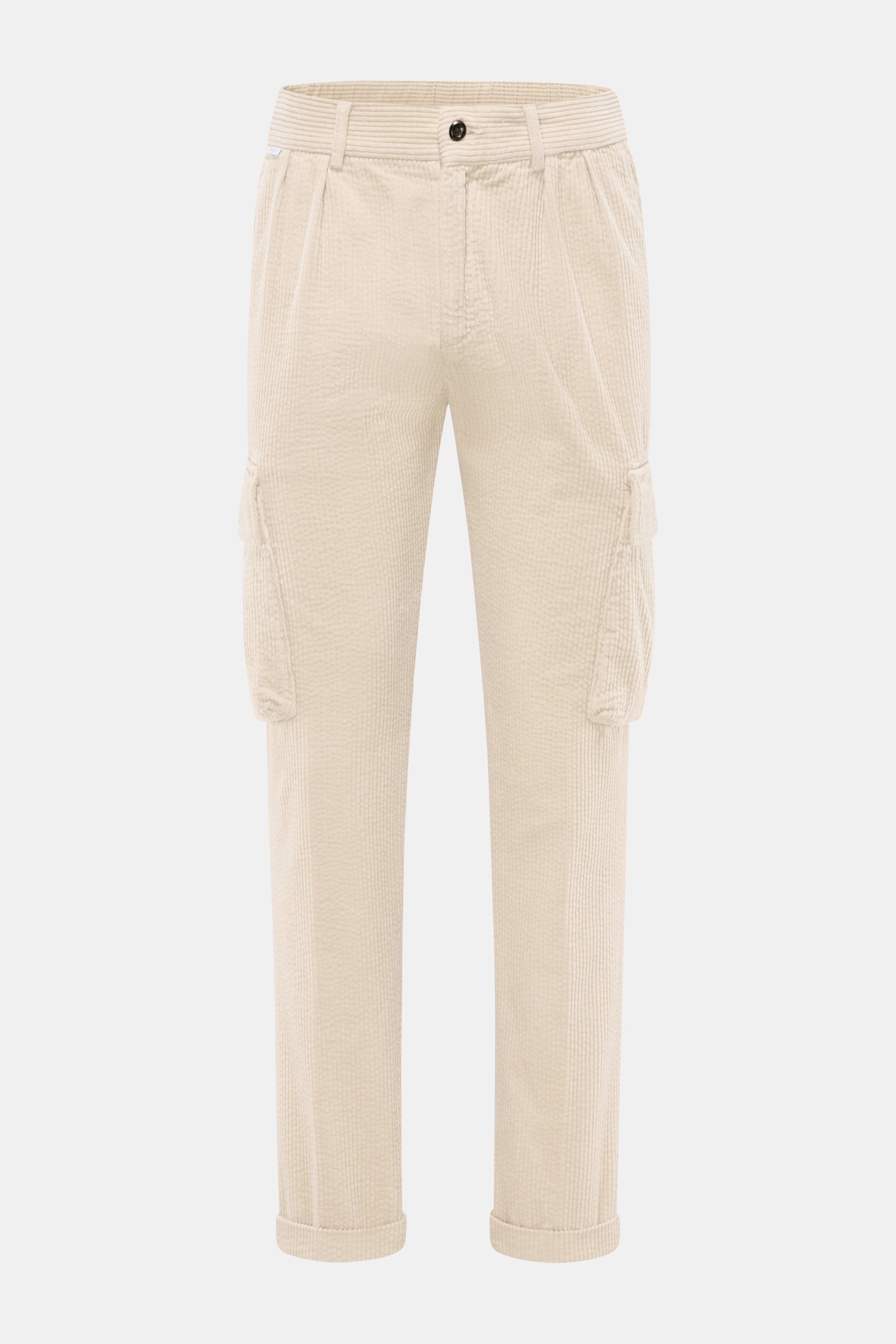 Front view of 04651/ A trip in a bag Cord Cargo Pants Dark Brown in beige corduroy, tapered fit, ankle-length, cargo and side seam pockets, button and zipper.