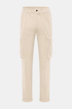 Front view of 04651/ A trip in a bag Cord Cargo Pants Dark Brown in beige corduroy, tapered fit, ankle-length, cargo and side seam pockets, button and zipper.