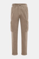 Front view of 04651/ A trip in a bag Cord Cargo Pants Sand in pure cotton corduroy, tapered fit with cargo and side seam pockets, ankle-length cuff.