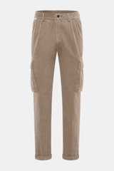 Front view of 04651/ A trip in a bag Cord Cargo Pants Sand in pure cotton corduroy, tapered fit with cargo and side seam pockets, ankle-length cuff.