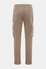 Rear view of 04651/ A trip in a bag Cord Cargo Pants Sand in pure cotton corduroy, tapered fit, ankle-length with cargo and piped back pockets, elastic waistband.