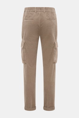 Rear view of 04651/ A trip in a bag Cord Cargo Pants Sand in pure cotton corduroy, tapered fit, ankle-length with cargo and piped back pockets, elastic waistband.