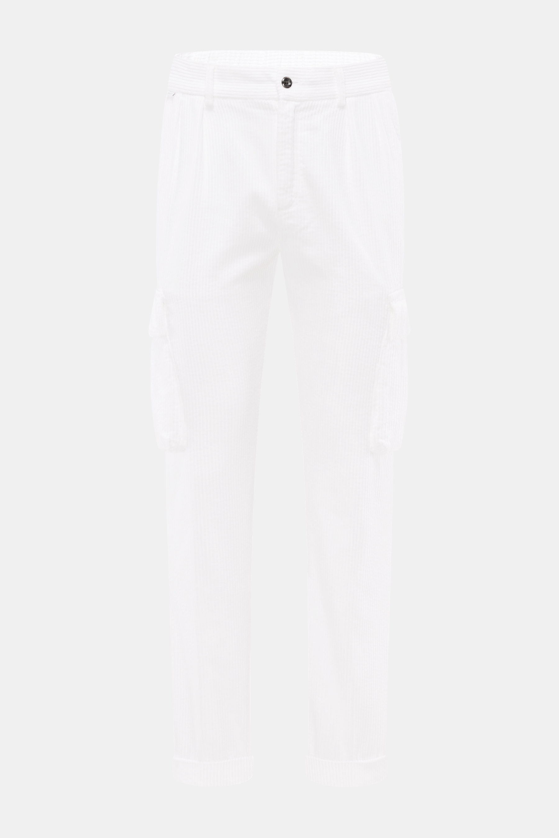 Front view of 04651/ A trip in a bag Cord Cargo Pants Taupe made of pure cotton corduroy, soft feel, tapered fit, regular thigh width, ankle-length with zipper and waistband button, partially elastic waistband, double waistband pleat, side seam pockets, c