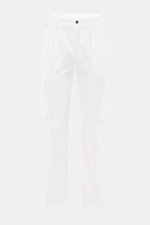 Front view of 04651/ A trip in a bag Cord Cargo Pants White made of pure cotton corduroy, featuring tapered fit, ankle-length, cargo pockets with flap, side seam pockets, piped back pockets, partially elastic waistband with button and zipper, double waist