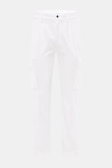 Front view of 04651/ A trip in a bag Cord Cargo Pants White made of pure cotton corduroy, featuring tapered fit, ankle-length, cargo pockets with flap, side seam pockets, piped back pockets, partially elastic waistband with button and zipper, double waist