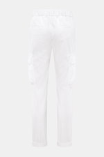 Rear view of 04651/ A trip in a bag Cord Cargo Pants White in pure cotton corduroy, tapered fit, ankle-length with cargo and piped back pockets, elastic waistband.