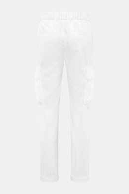 Rear view of 04651/ A trip in a bag Cord Cargo Pants White in pure cotton corduroy, tapered fit, ankle-length with cargo and piped back pockets, elastic waistband.