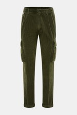 Front view of 04651/ A trip in a bag Cord Cargo-Jogpants grün in slim fit green corduroy cotton with cargo pockets, elastic waistband, and cuffed hems.