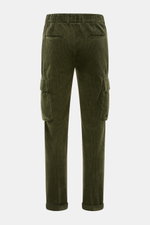 Back view of 04651/ A trip in a bag Cord Cargo-Jogpants grün in slim fit green cord cotton, elastic waistband, cargo and French pockets, zipper and buttons.