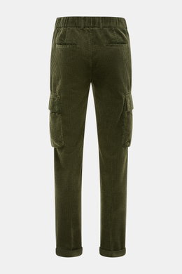 Back view of 04651/ A trip in a bag Cord Cargo-Jogpants grün in slim fit green cord cotton, elastic waistband, cargo and French pockets, zipper and buttons.