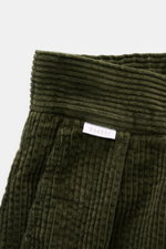 Close-up front view of 04651/ A trip in a bag Cord Cargo-Jogpants grün in green cord cotton, showing elastic waistband with drawstring and fabric texture. Modern design, highest comfort: hybrid of cargo pants and jogpants from 04651/ A TRIP IN A BAG made 
