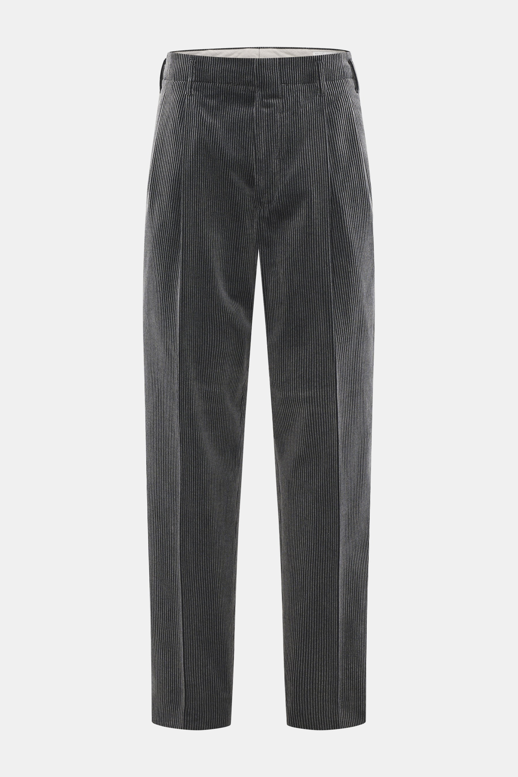 Brunello Cucinelli Cordhose dunkelgrau aus reiner Baumwolle, Cord, Regular Fit, doppelte Bundfalte, Taschen, Reißverschluss, frontal fotografiert.