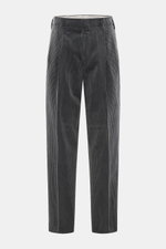 Brunello Cucinelli Corduroy Pants Dark Grey, front view, pure cotton corduroy, regular fit, double pleats, side and back flap pockets, zipper and button.