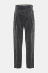 Brunello Cucinelli Corduroy Pants Dark Grey, front view, pure cotton corduroy, regular fit, double pleats, side and back flap pockets, zipper and button.