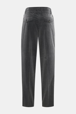 Rear view of Brunello Cucinelli Corduroy Pants Dark Grey with double pleats, side seam pockets, back flap pockets, zipper, button, and tapered legs.

Description: <p>Cult piece in Italian luxury design: These corduroy pants made of pure cotton with classi