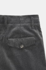 Close-up front view of Brunello Cucinelli Corduroy Pants Dark Grey in pure cotton with double pleats, side and back flap pockets, zipper, and button.

<p>Cult piece in Italian luxury design: These corduroy pants made of pure cotton with classic double ple