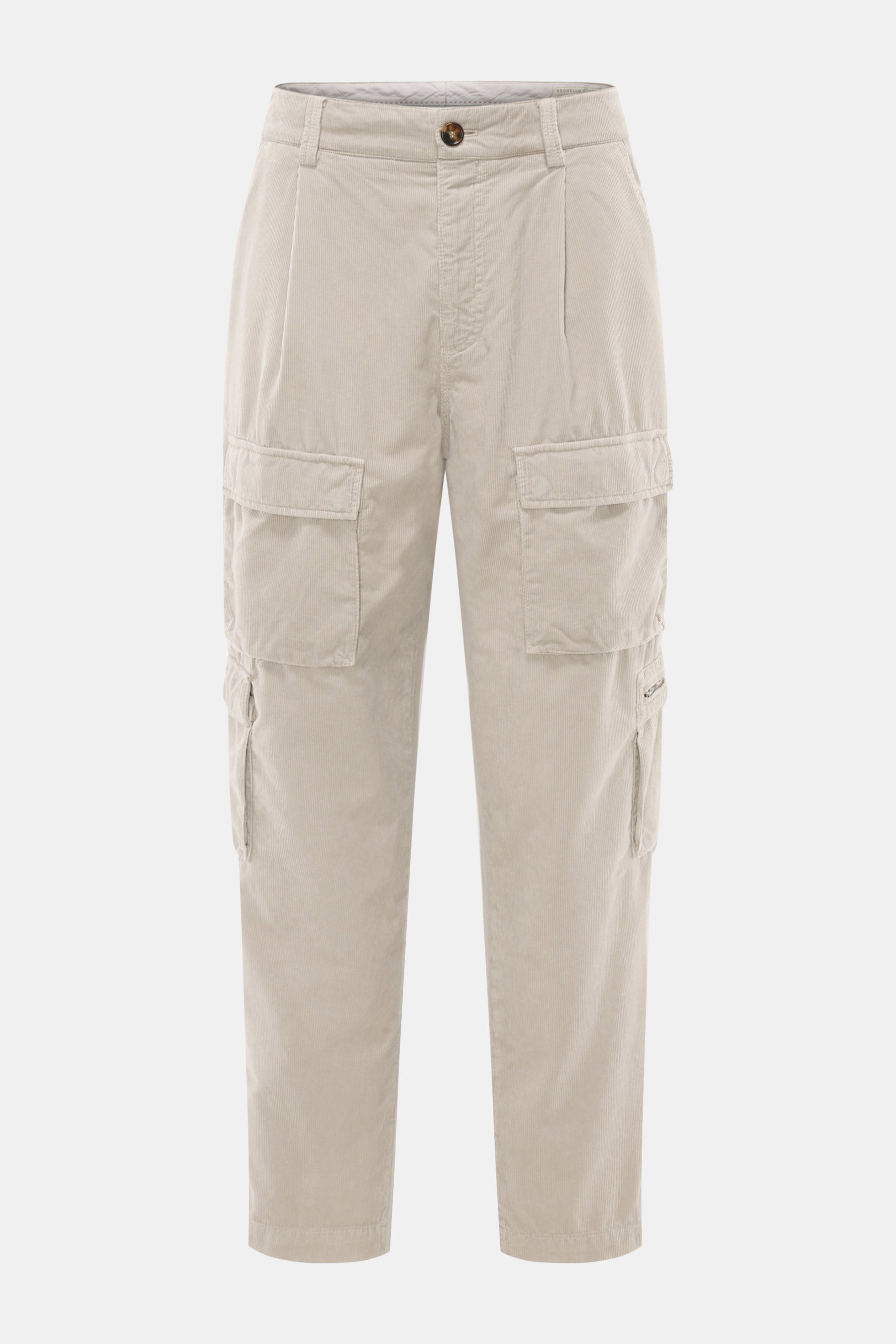 Brunello Cucinelli Cord-Cargohose sand, frontale Ansicht, cord aus reiner Baumwolle, weicher Griff, garment dyed, tapered Fit, knöchellang, Cargotaschen, französische Taschen, Reißverschluss, Bundknöpfe.