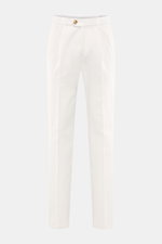 Front view of Brunello Cucinelli Chino offwhite pants in twill pure cotton with soft touch, regular fit, slightly tapered, zipper and button, single waistband pleat, French and welt back pockets.