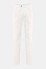 Front view of Brunello Cucinelli Chino offwhite pants in twill pure cotton with soft touch, regular fit, slightly tapered, zipper and button, single waistband pleat, French and welt back pockets.
