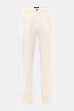Front view of Michael Coal Chino 'Work Mc-Louis' cream pants, slim fit, ankle-length, tapered, twill pure cotton, garment dyed, soft feel, zipper and waistband button, French pockets, patch back pockets with flap, fixed hem cuff.