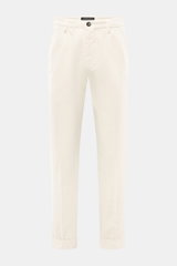 Front view of Michael Coal Chino 'Work Mc-Louis' cream pants, slim fit, ankle-length, tapered, twill pure cotton, garment dyed, soft feel, zipper and waistband button, French pockets, patch back pockets with flap, fixed hem cuff.