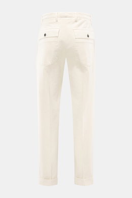 Michael Coal Chino 'Work Mc-Louis' cream shown from the back, slim fit ankle-length tapered pants, twill cotton, garment dyed, soft feel, zipper and button, French pockets, patch back pockets with flap, fixed hem cuff.