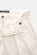 Michael Coal Chino 'Work Mc-Louis' cream pants shown from a close-up front angle, twill pure cotton, distinctive weave, firm soft feel, garment dyed, Slim Fit, ankle-length, tapered, zipper and waistband button, French pockets, patch back pockets with fla