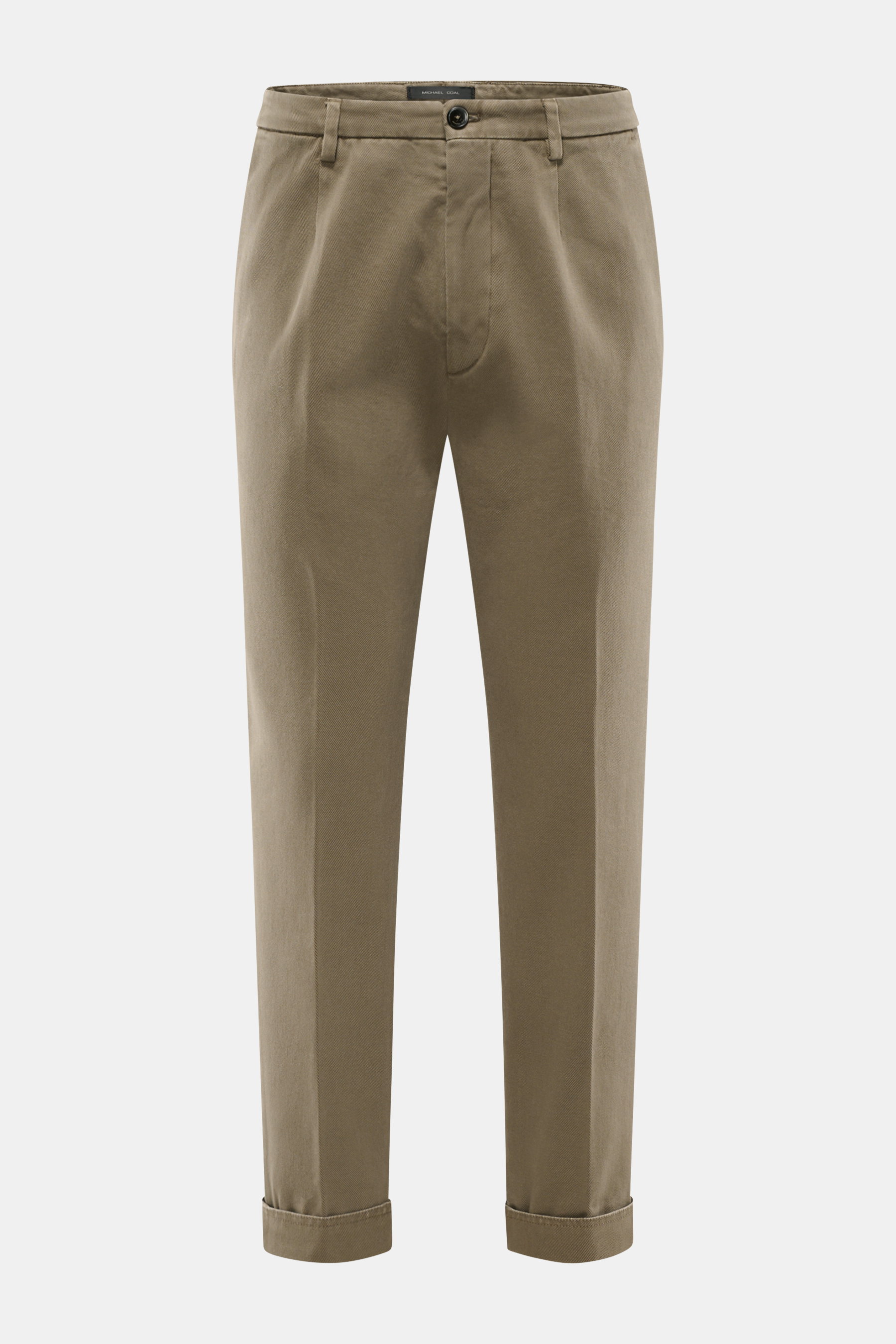 Michael Coal Chino 'Work Mc-Louis' oliv, frontale Nahaufnahme, twill Baumwolle, markante Webstruktur, Slim Fit, knöchellang, Reißverschluss, Bundknopf, Taschen, Saumaufschlag.