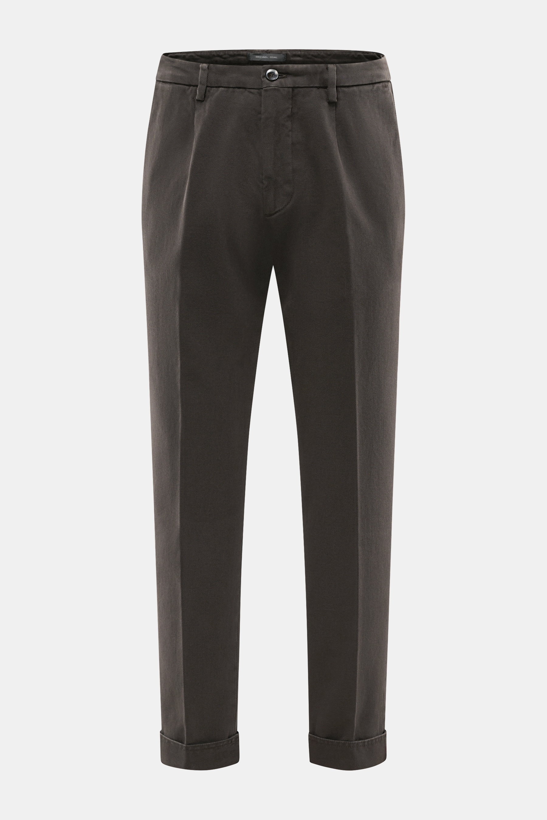 Michael Coal Chino "Work Mc-Louis" dunkelbraun in Frontansicht, Twill aus reiner Baumwolle, Slim Fit, knöchellang, garment dyed, mit Reißverschluss, Bundknopf, französischen Taschen, aufgesetzten Gesäßtaschen mit Patte, schmal zulaufend, fester weicher Gr