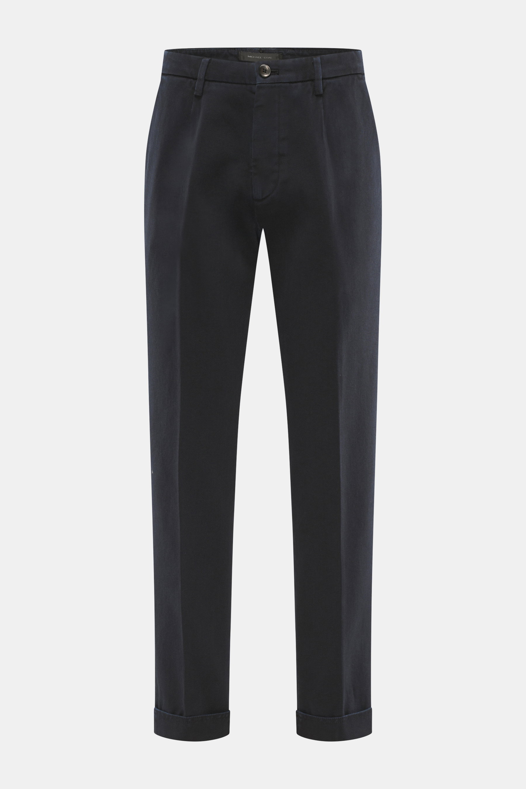 Michael Coal Chino 'Work Mc-Louis' navy, frontale Ansicht, twill aus reiner Baumwolle, markante Webstruktur, fester, weicher Griff, garment dyed, Slim Fit, knöchellang, schmal zulaufend, Reißverschluss, Bundknopf, französische Taschen, aufgesetzte Gesäßta