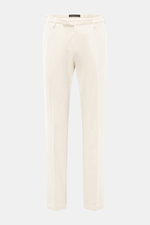 Front view of Michael Coal Cotton Pants cream, twill made of cotton with soft touch, tapered fit, regular thigh width, ankle length narrowing, zipper and waistband hook, extended button tab, French pockets, and back pockets with flap.