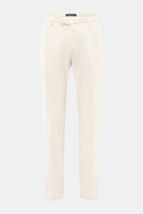 Front view of Michael Coal Cotton Pants cream, twill made of cotton with soft touch, tapered fit, regular thigh width, ankle length narrowing, zipper and waistband hook, extended button tab, French pockets, and back pockets with flap.